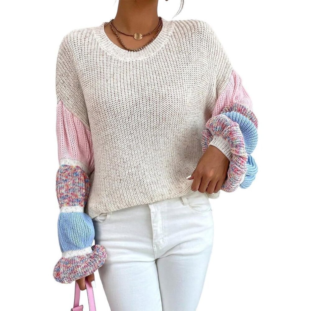 Women's Colorblock Puff Sleeve Sweater Casual Knit Top Large